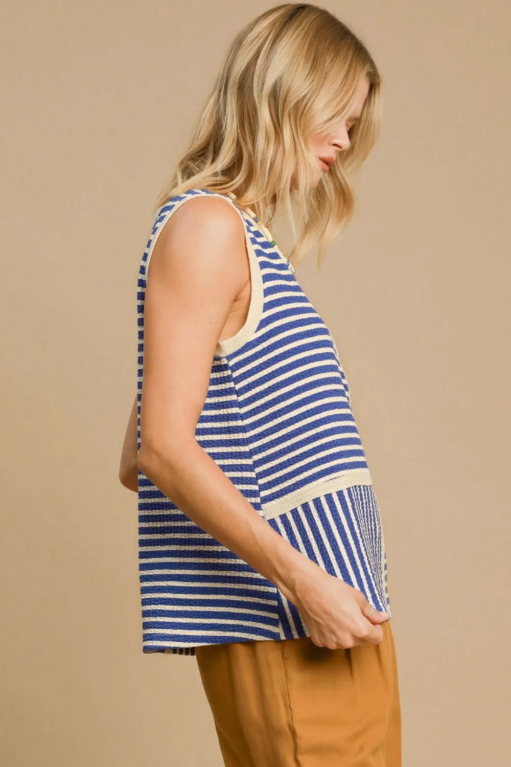 Blue Umgee round neck striped tank top with textured fabric, featuring a casual sleeveless design.