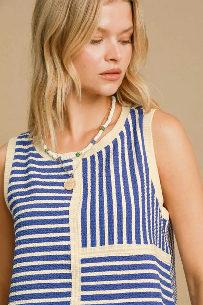 Blue Umgee round neck striped tank top with textured fabric, featuring a relaxed fit and casual style.