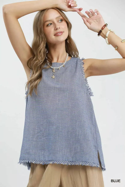 Blue Umgee sleeveless top with stripe pattern and fringe trim, featuring a casual, stylish design.