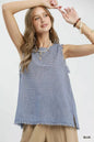 Blue Umgee sleeveless top with stripe pattern and fringe trim, featuring a casual, stylish design.