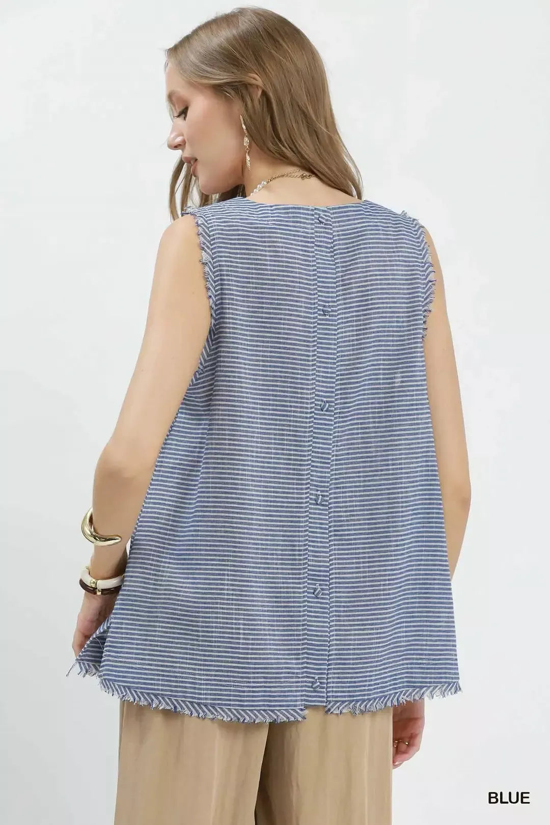 Blue Umgee sleeveless top with stripe pattern and fringe trim, casual fashion blouse by Trendsi
