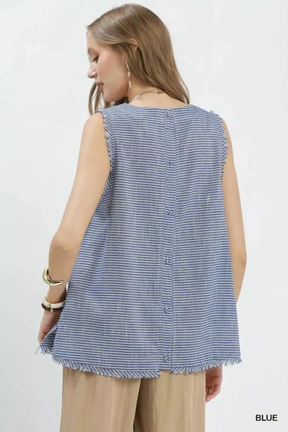 Blue Umgee sleeveless top with stripe pattern and fringe trim, casual fashion blouse by Trendsi