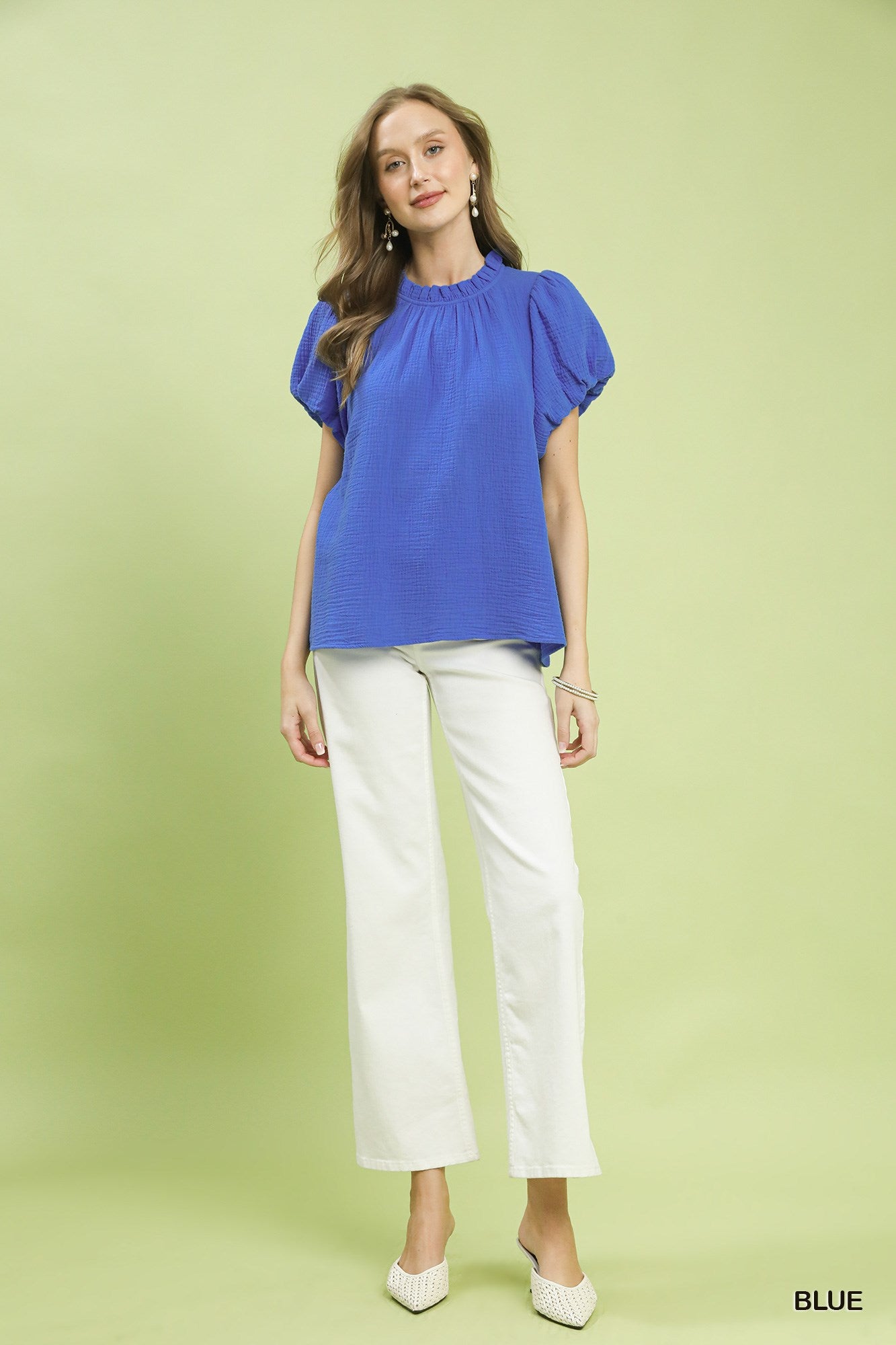 Blue Umgee textured gauze boho top with ruffle neckline, stylish and comfortable, perfect for casual summer wear.