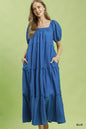 Blue Umgee textured tiered midi dress with a flowy silhouette, featuring multiple layered tiers and a sleeveless design.