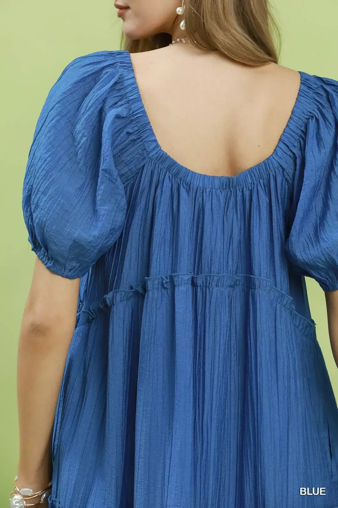 Blue Umgee textured tiered midi dress with a flowy silhouette and layered design, perfect for casual or semi-formal occasions.