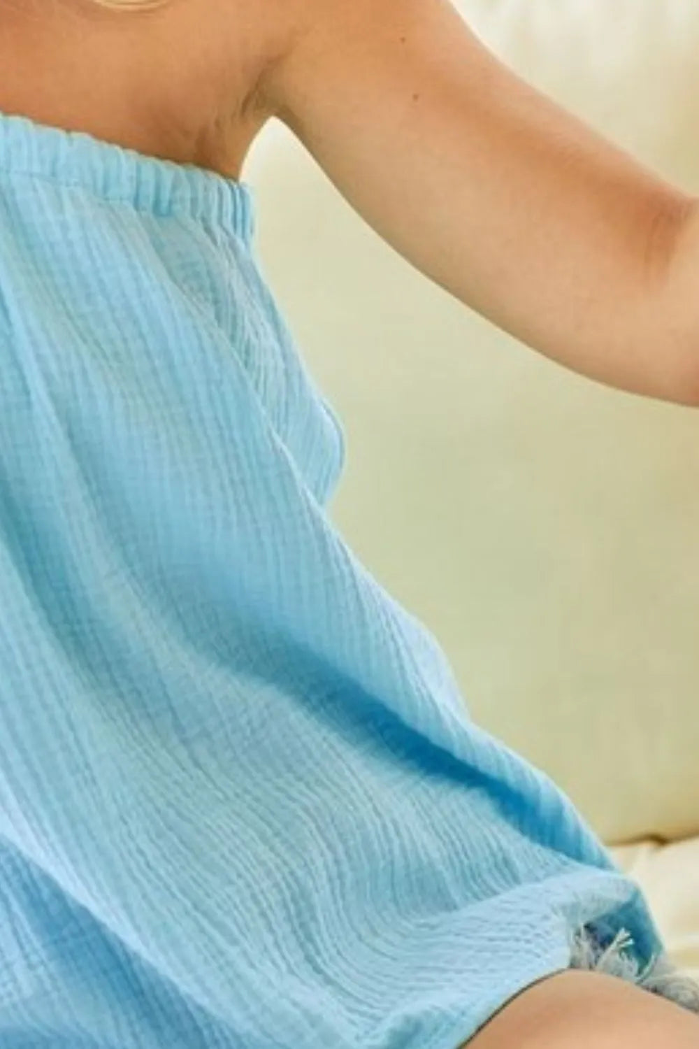 Blue BiBi washed cotton gauze woven top with tie ribbon details, featuring a relaxed fit and casual style from Trendsi.
