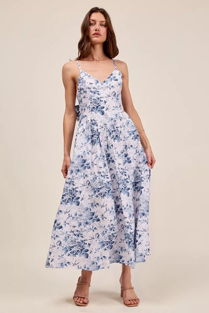 Blue floral woven V-neck dress with back ribbon tie by Trendsi, featuring a stylish, feminine design and lightweight fabric.