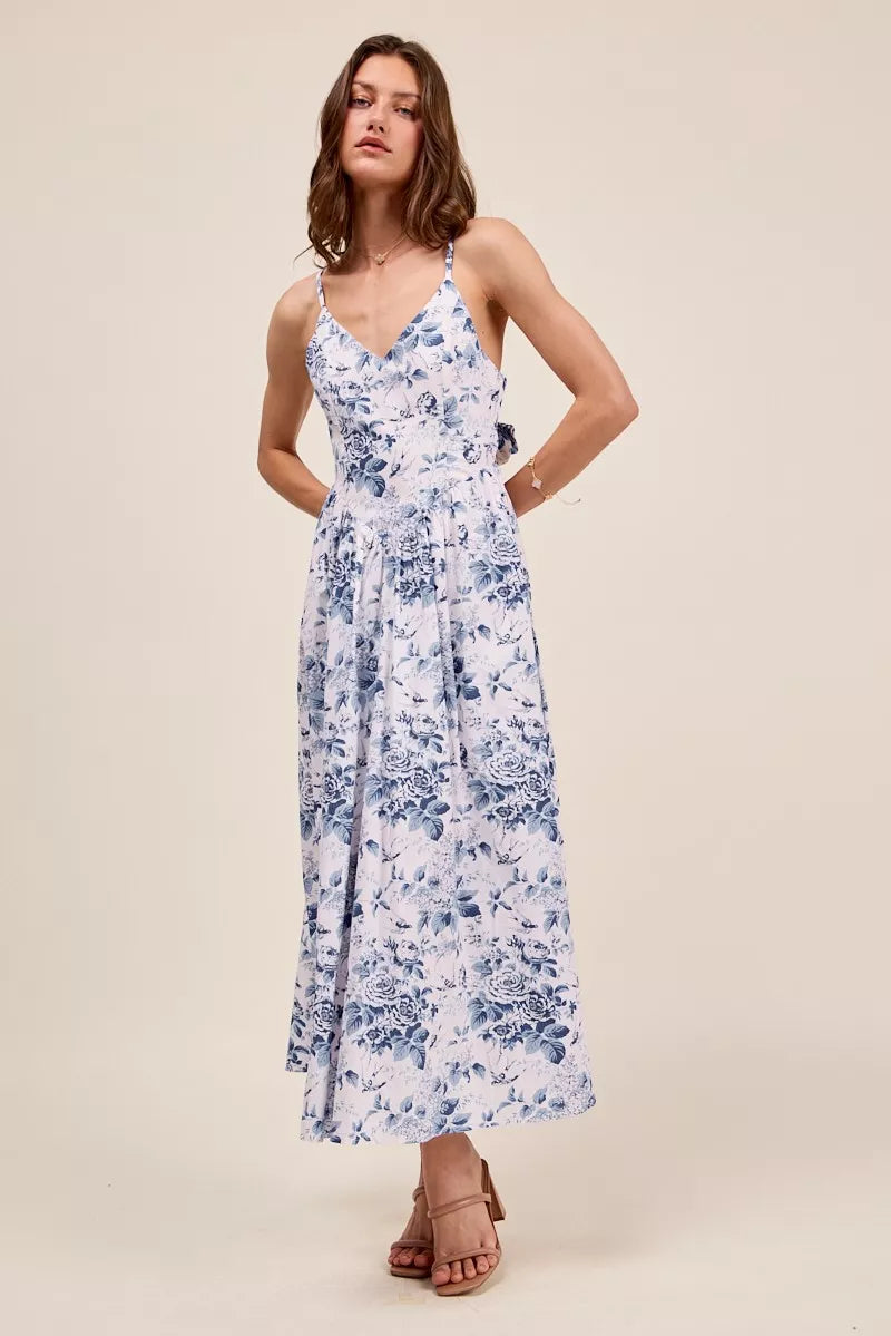 Trendsi floral woven V-neck dress with back ribbon tie, lightweight fabric, blue and white pattern, perfect for casual wear.