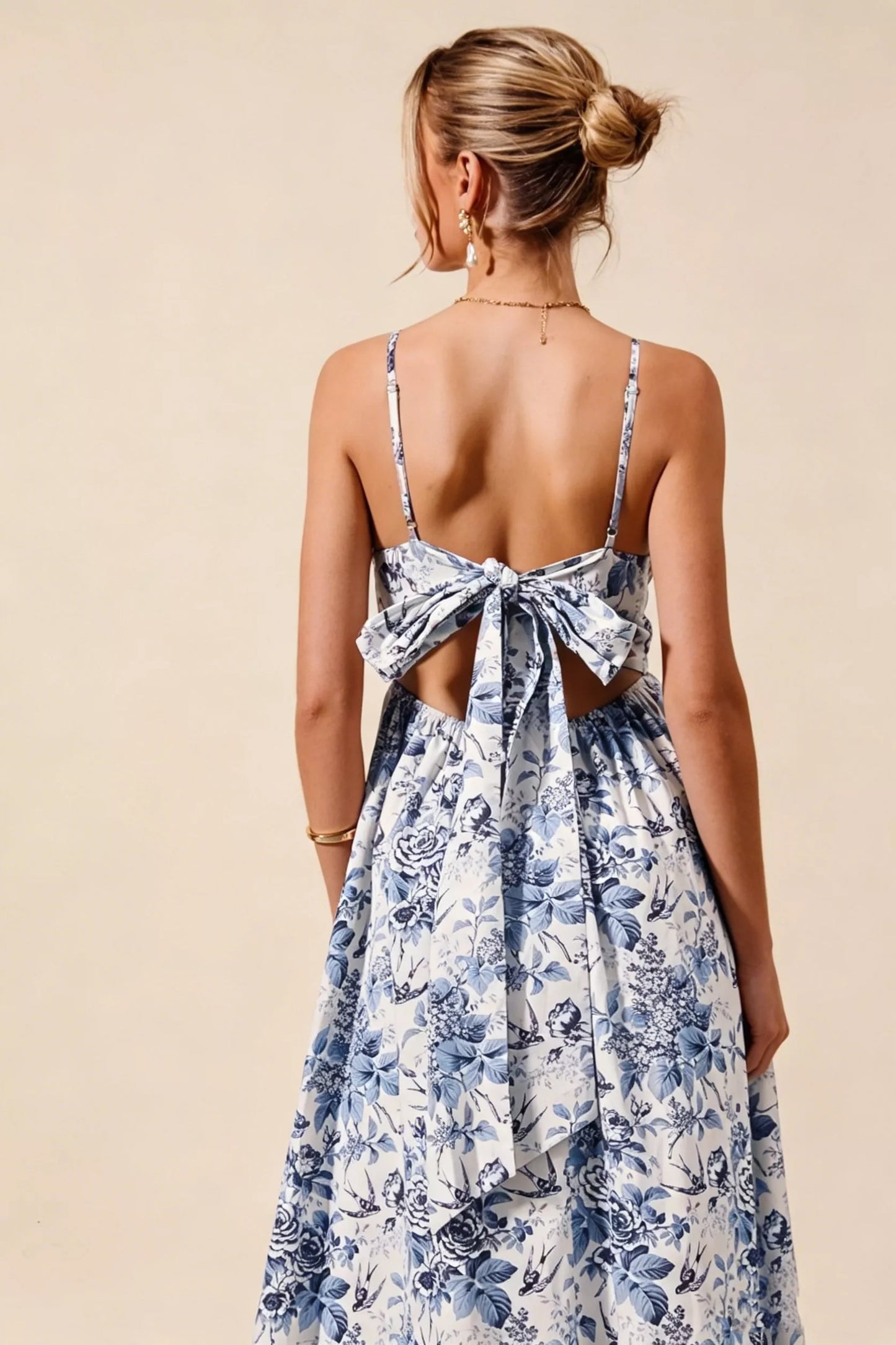 Blue floral woven V-neck dress with back ribbon tie from SO ME by Trendsi, featuring a stylish, flowy design.