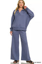 Blue indigo Zenana scuba collared pullover and center seam pants set, stylish loungewear from Trendsi.