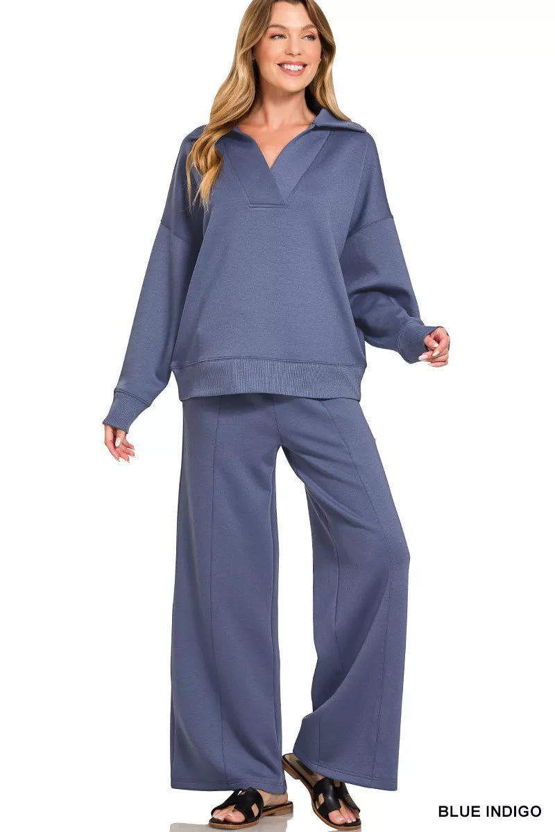 Blue indigo Zenana scuba collared pullover and center seam pants set, casual comfortable loungewear from Trendsi.