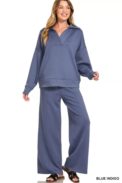 Blue indigo Zenana scuba collared pullover and center seam pants set, casual comfortable loungewear from Trendsi.