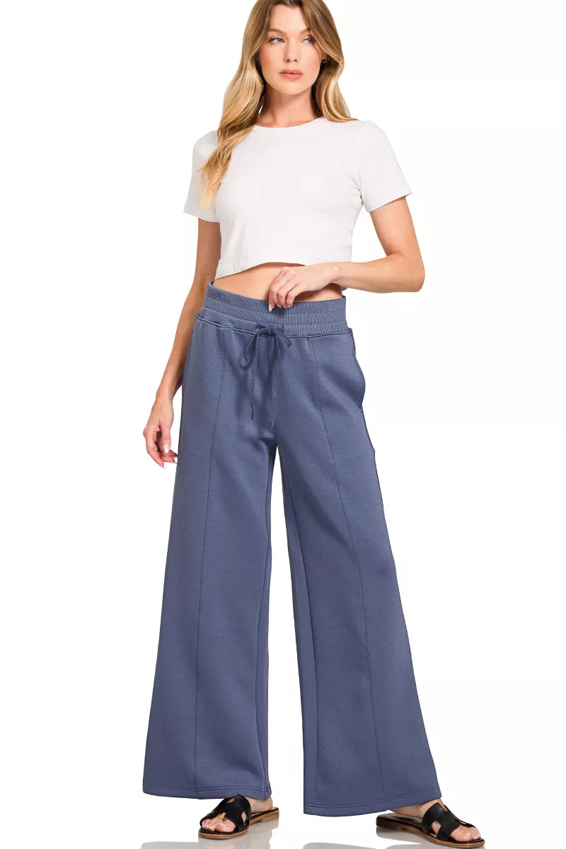 Blue indigo Zenana scuba collared pullover and center seam pants set, stylish and comfortable for casual wear.