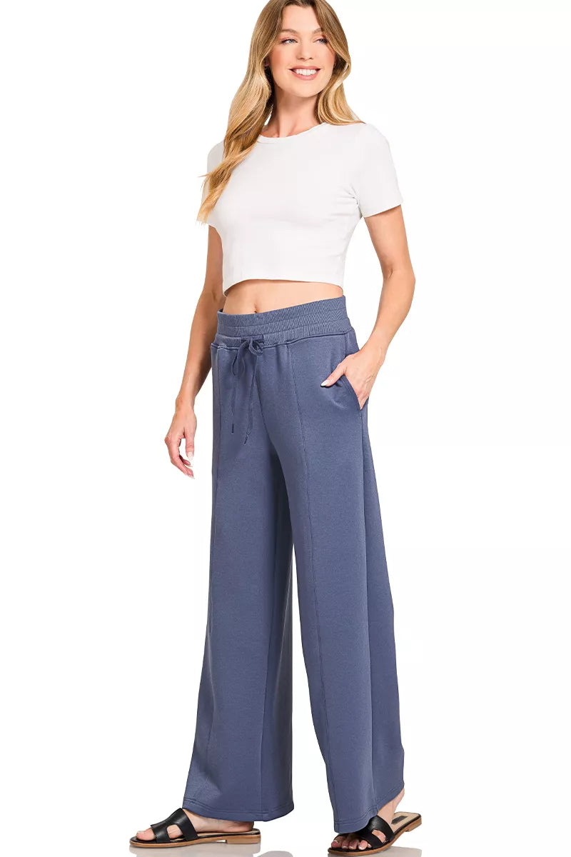 Blue indigo Zenana scuba collared pullover and center seam pants set, stylish and comfortable women's loungewear from Trendsi.