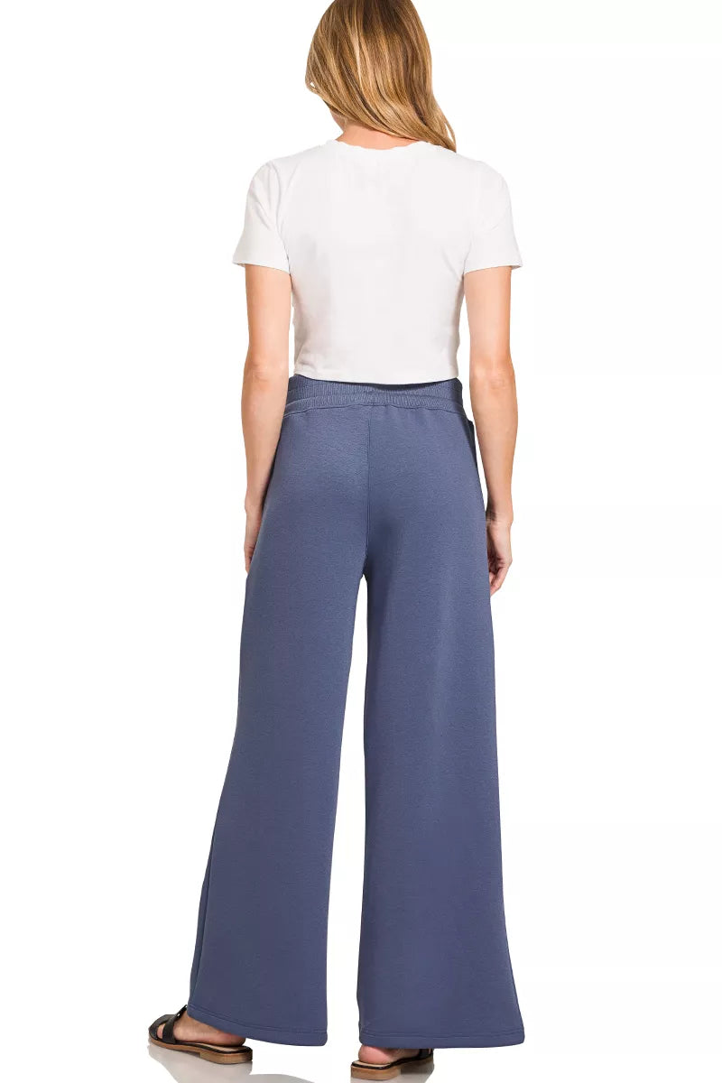 Blue indigo Zenana scuba collared pullover and center seam pants set, stylish and comfortable casual wear from Trendsi.