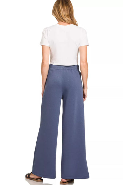 Blue indigo Zenana scuba collared pullover and center seam pants set, stylish and comfortable casual wear from Trendsi.