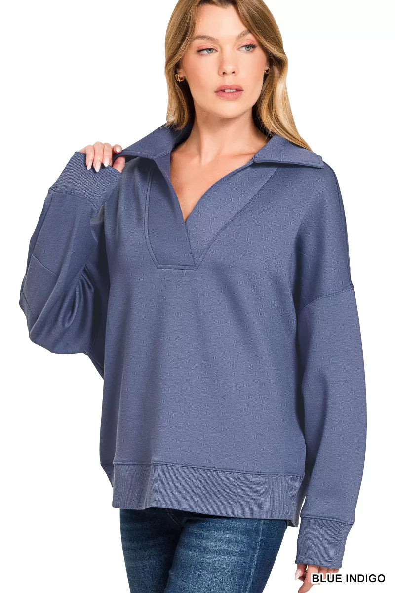 Blue indigo Zenana scuba collared pullover and center seam pants set, stylish and comfortable women's loungewear by Trendsi.