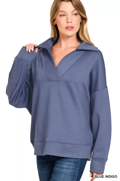 Blue indigo Zenana scuba collared pullover and center seam pants set, stylish and comfortable women's loungewear by Trendsi.