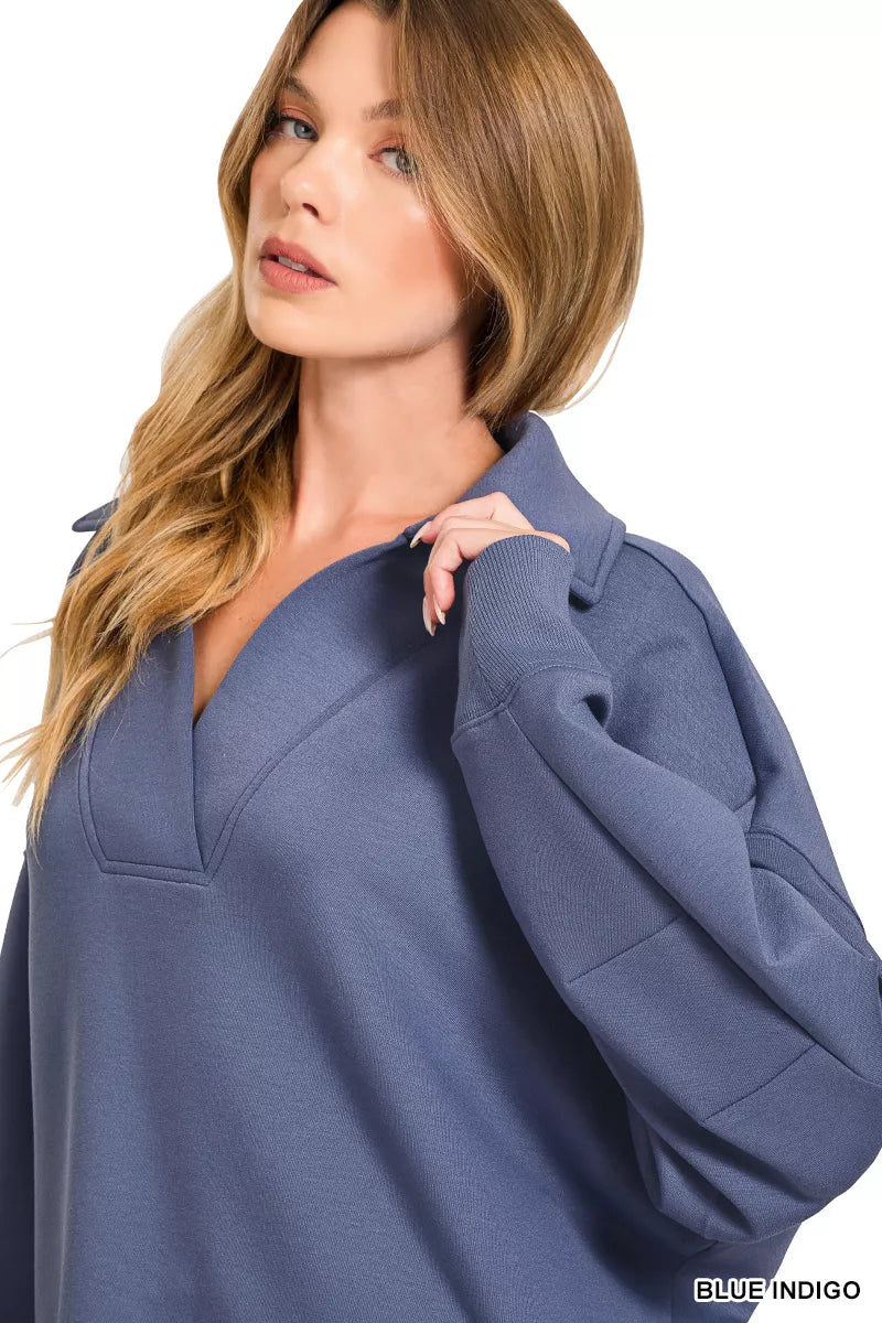 Blue Indigo Zenana scuba collared pullover and center seam pants set by Trendsi, stylish and comfortable casual outfit.