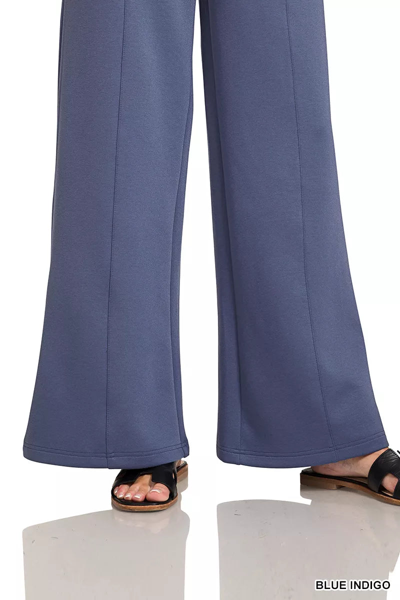 Blue indigo Zenana Scuba collared pullover and center seam pants set, stylish and comfortable women's loungewear from Trendsi.