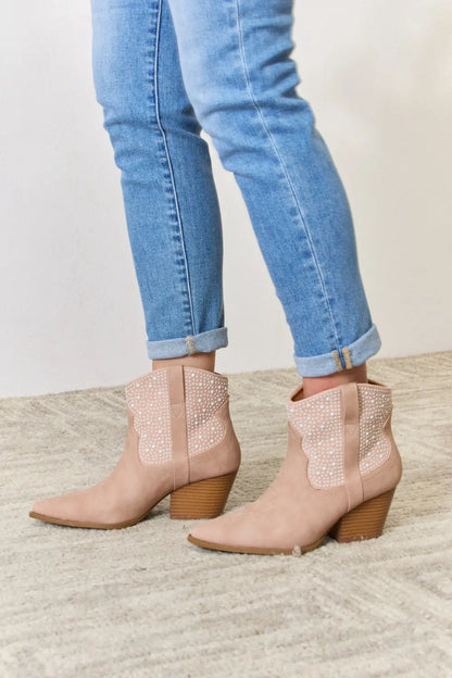 Blush rhinestone ankle cowgirl booties by East Lion Corp with pointed toe and Western-inspired design, trendy and stylish.