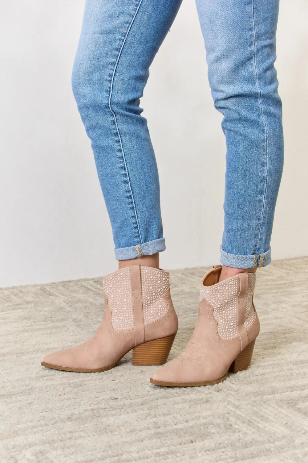 Blush rhinestone ankle cowgirl booties by East Lion Corp featuring sparkling embellishments and western-inspired design.