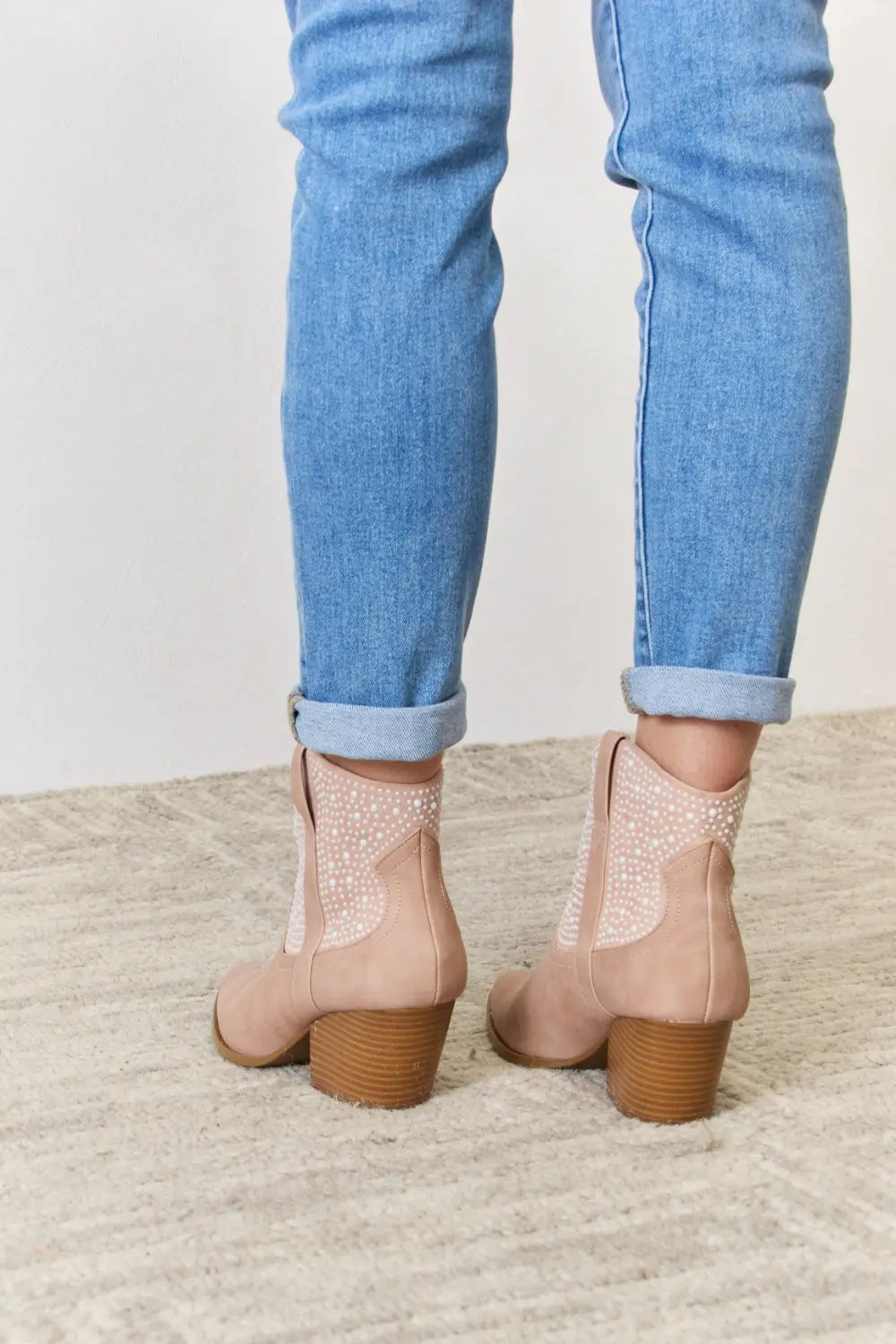 Blush rhinestone ankle cowgirl booties by East Lion Corp featuring sparkling rhinestone embellishments and a western-inspired design.