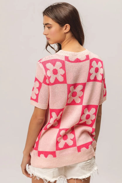 Blush fuchsia short sleeve sweater with BiBi flower checker pattern from Trendsi, showcasing a cozy knit design.