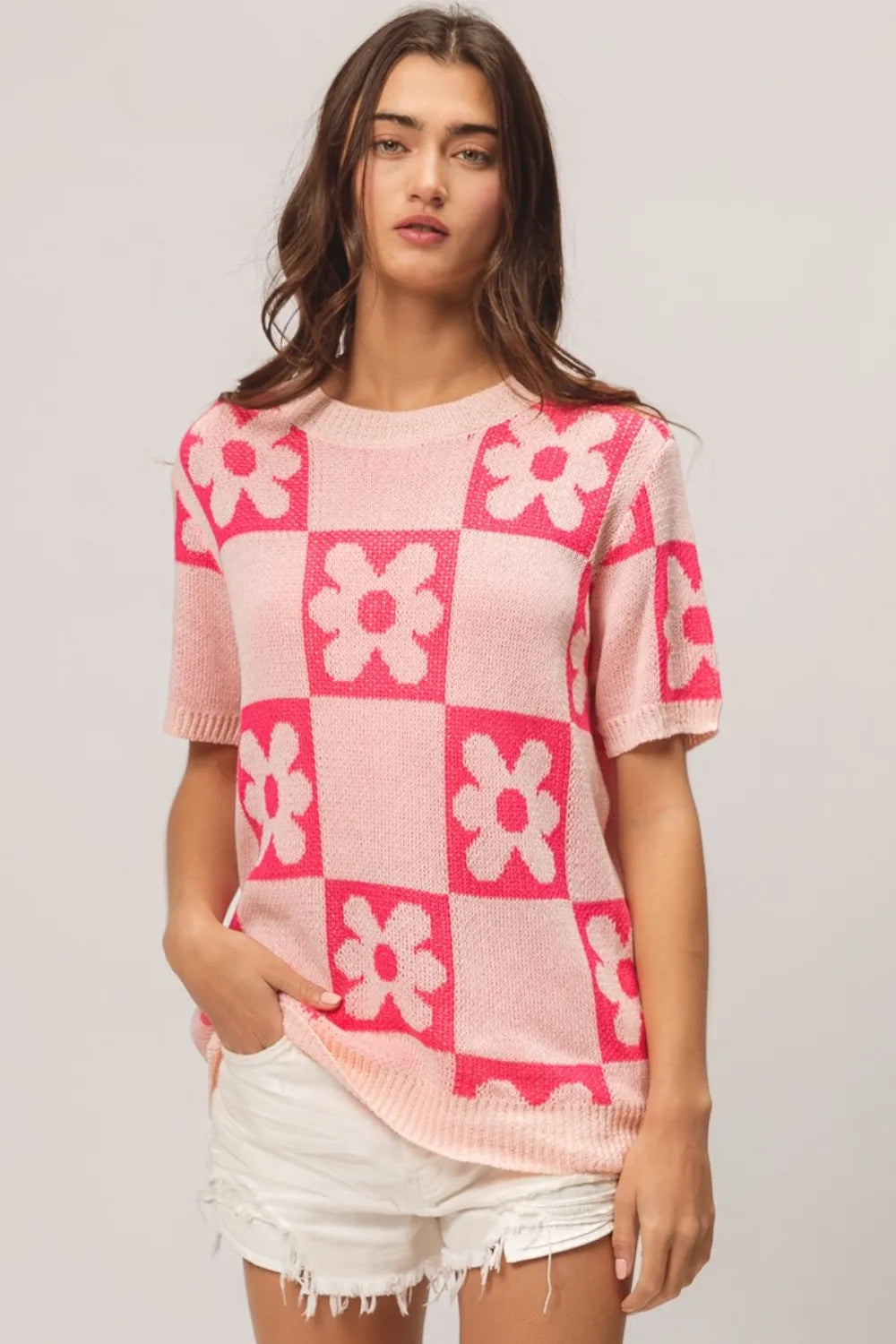 Blush fuchsia BiBi Flower Checker Pattern short sleeve sweater by Trendsi, featuring vibrant floral and checker design.