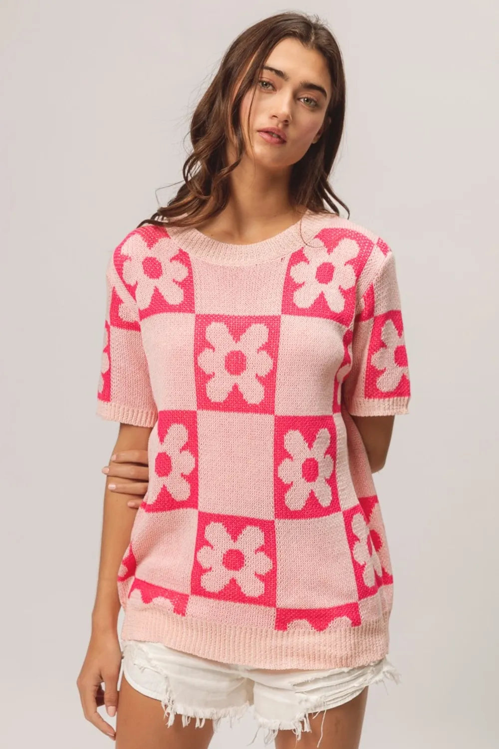 Blush fuchsia BiBi Flower checker pattern short sleeve sweater by Trendsi, featuring a floral design and casual fit.