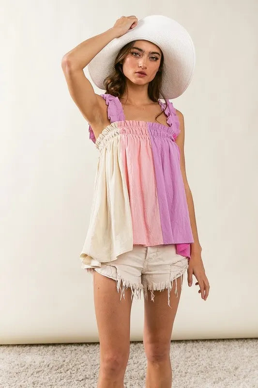 Trendsi BiBi blush and lavender color block bodice top with frill shoulder straps, stylish and trendy for casual wear.
