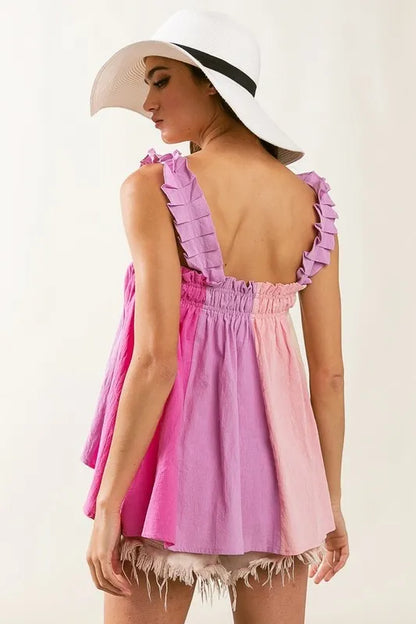 Blush and lavender color block BiBi bodice top with frill shoulder straps, trendy and stylish for casual wear.
