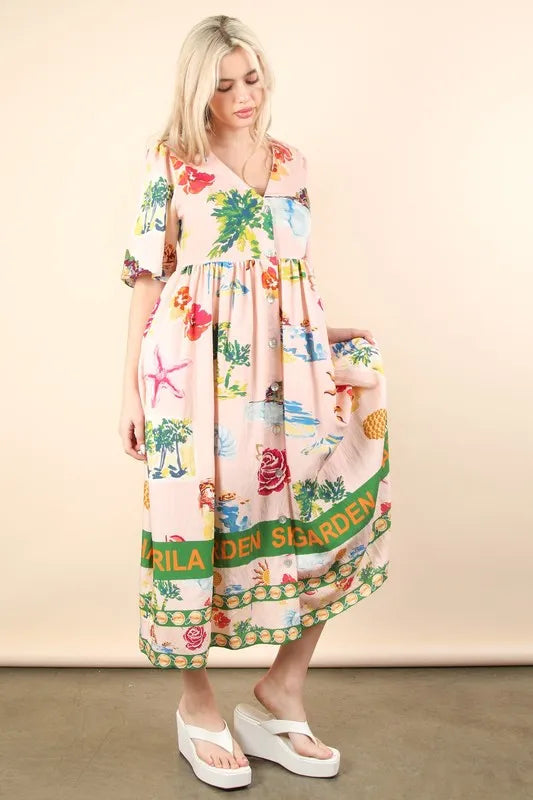 Blush pink Very J button-down printed midi dress from Trendsi, featuring a relaxed fit and floral pattern.
