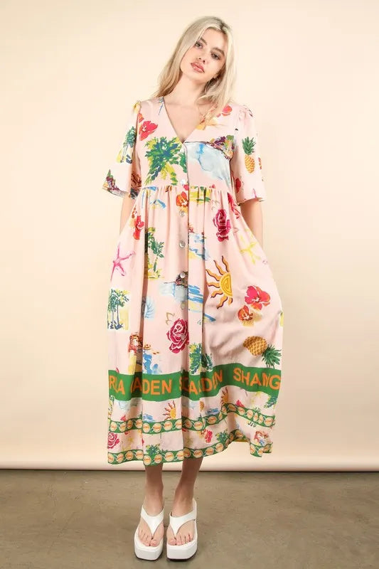 Blush pink Very J button-down printed midi dress from Trendsi, featuring a stylish design and midi length.