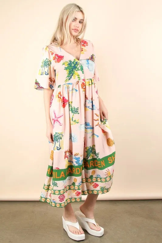 Blush pink Very J button-down printed midi dress by Trendsi, featuring a floral pattern and long sleeves, perfect for casual wear.