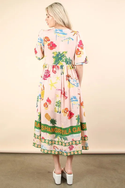 Blush pink Very J button-down printed midi dress by Trendsi, featuring a stylish pattern and midi length.