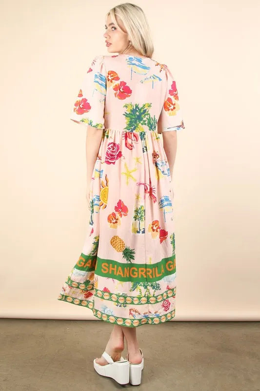 Blush pink Very J button-down printed midi dress by Trendsi, featuring a relaxed fit and stylish pattern, perfect for casual wear.