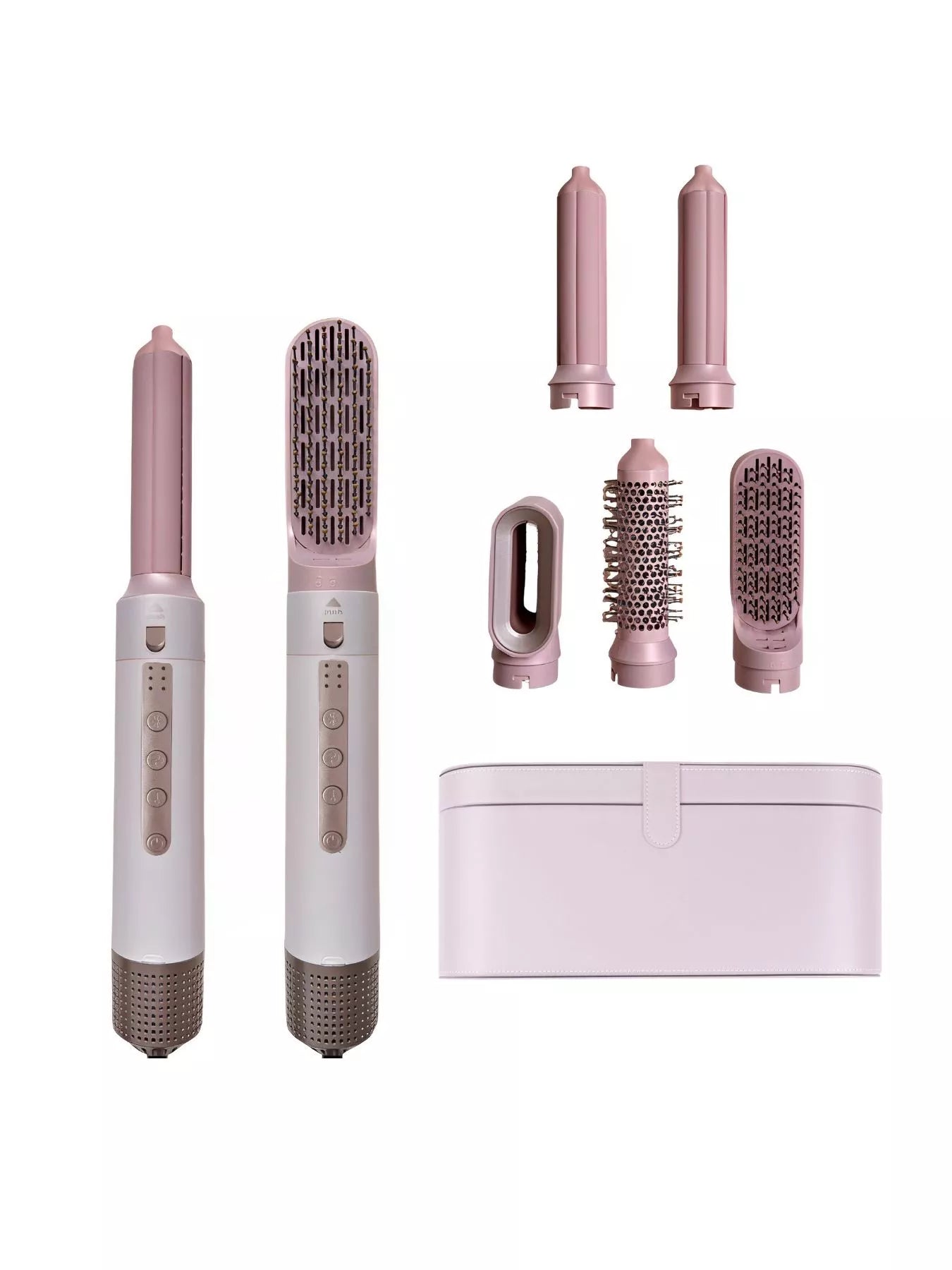 Trendsi blush pink 5-in-1 hot air styler curling iron set with European plug, various attachments for versatile hair styling.