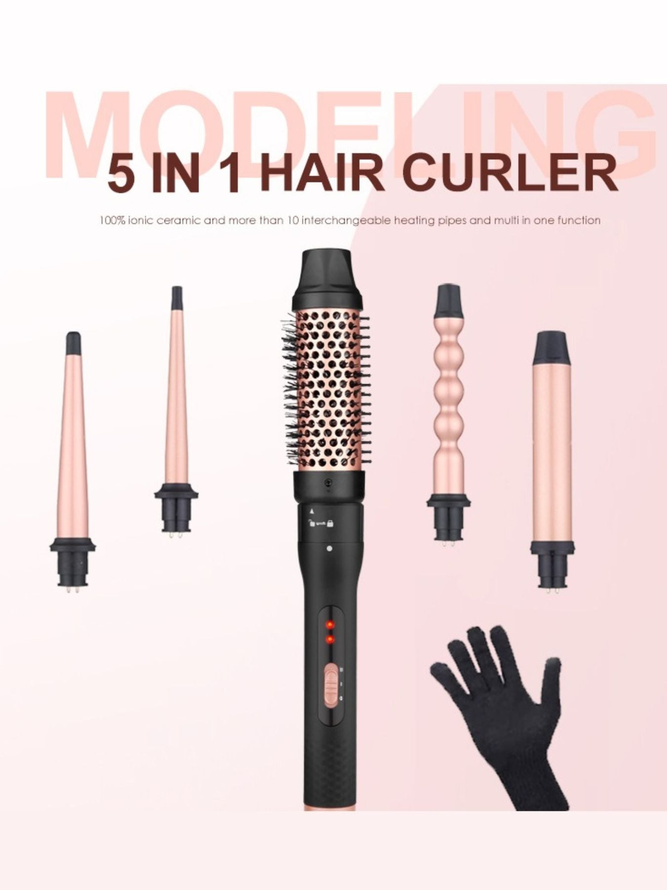 Trendsi blush pink 5-in-1 interchangeable hair curling iron with European plug and multiple curling attachments.