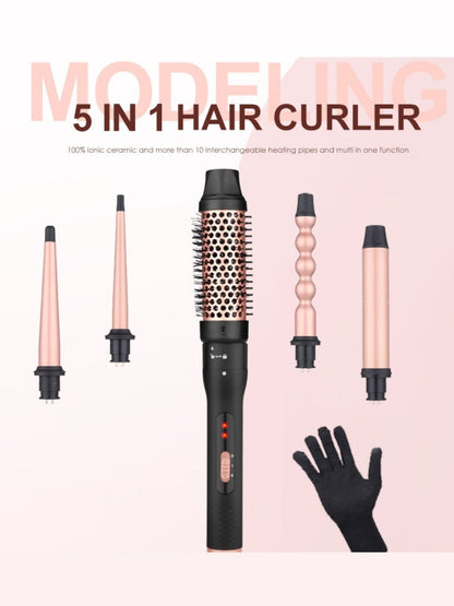 Trendsi blush pink 5-in-1 interchangeable hair curling iron with European plug and multiple curling attachments.