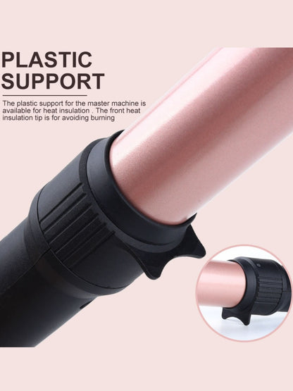 Blush pink 5-in-1 interchangeable hair curling iron by Trendsi with European plug and multiple barrel options for versatile curls.