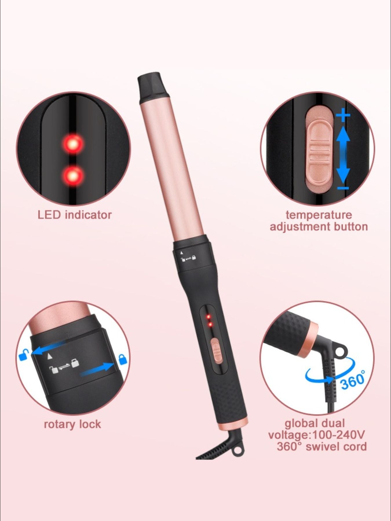 Trendsi 5-in-1 interchangeable hair curling iron with blush pink European plug, showcasing multiple curling barrel attachments.