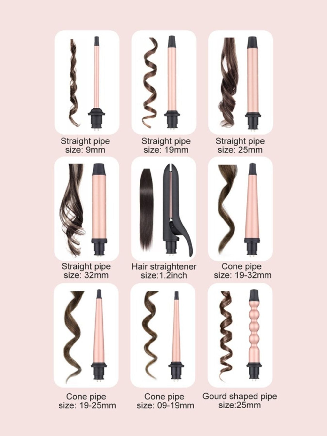 Blush pink Trendsi 5-in-1 interchangeable hair curling iron with European plug and multiple barrel attachments for versatile styling.