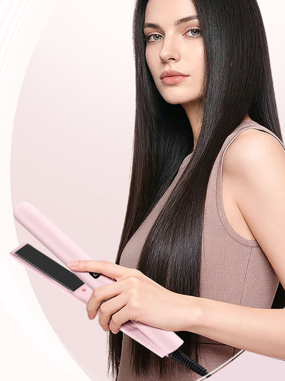 Blush pink adjustable temperature hair straightener from Trendsi with European plug for versatile styling.