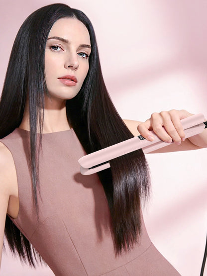 Blush pink adjustable temperature hair straightener with European plug by Trendsi, featuring ceramic plates for smooth styling.