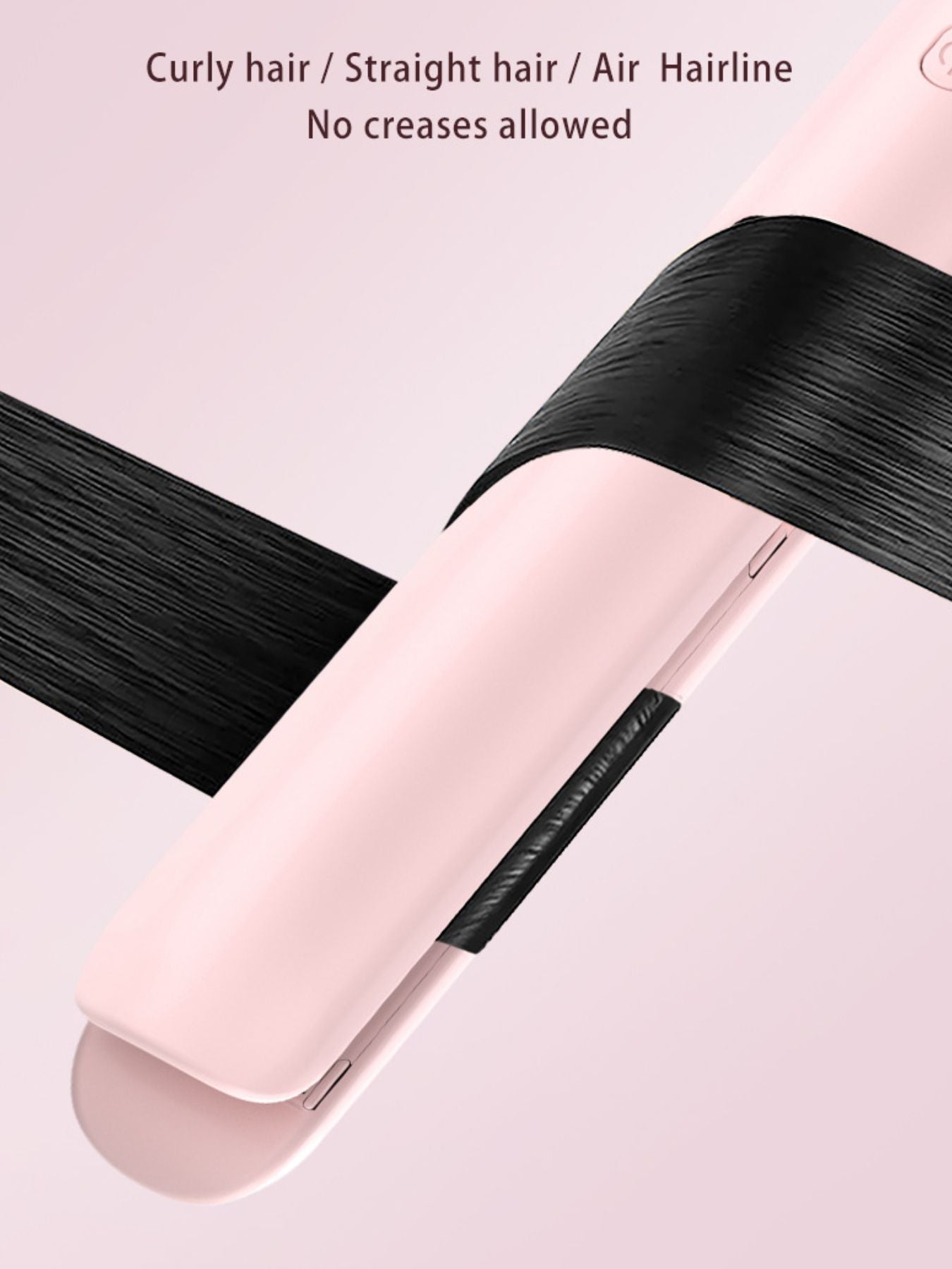 Blush pink Trendsi adjustable temperature hair straightener with European plug, showing ceramic plates and digital controls.