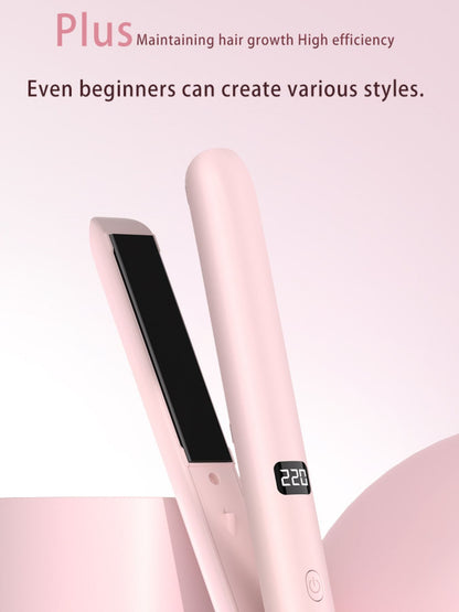 Blush pink adjustable temperature hair straightener with European plug by Trendsi, featuring sleek design and ceramic plates.