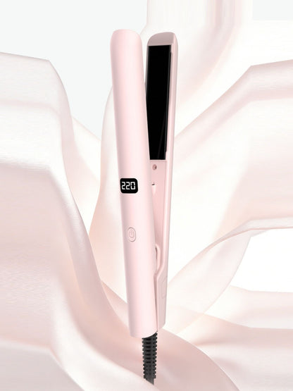 Blush pink adjustable temperature hair straightener with European plug by Trendsi, featuring sleek design and ceramic plates.
