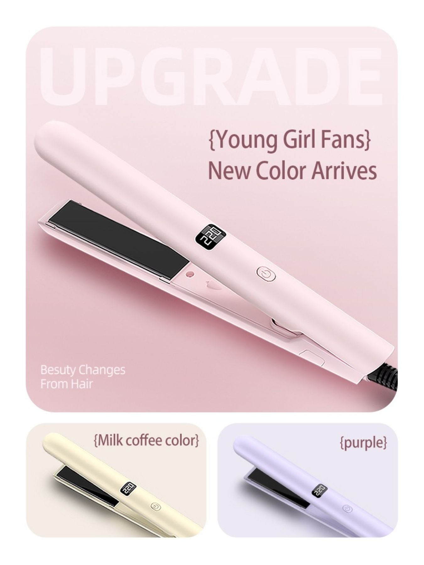 Blush pink Trendsi adjustable temperature hair straightener with European plug, featuring digital controls and ceramic plates.