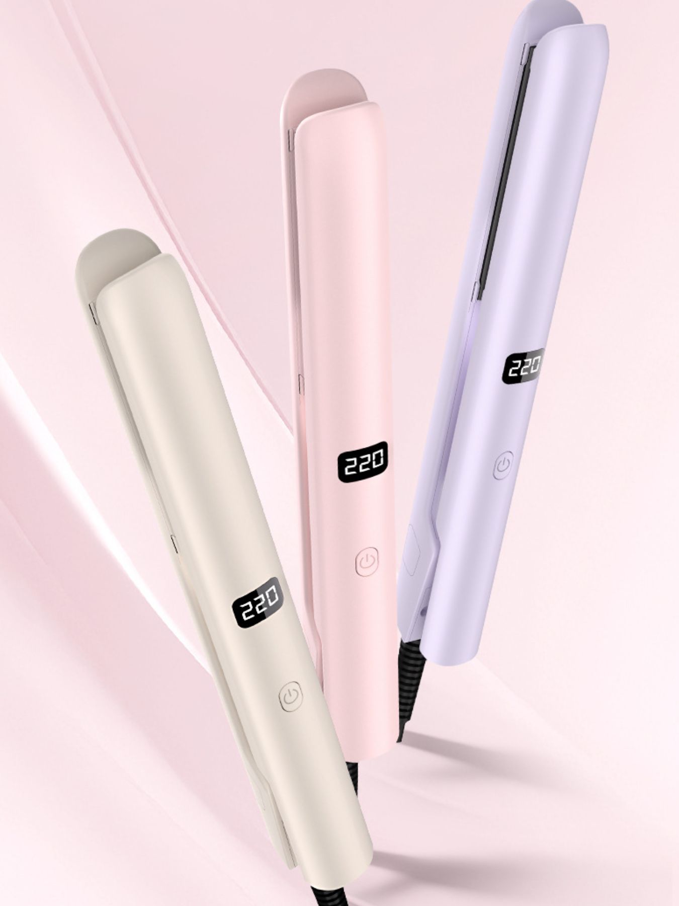 Blush pink Trendsi adjustable temperature hair straightener with European plug, showing the sleek design and ceramic plates.